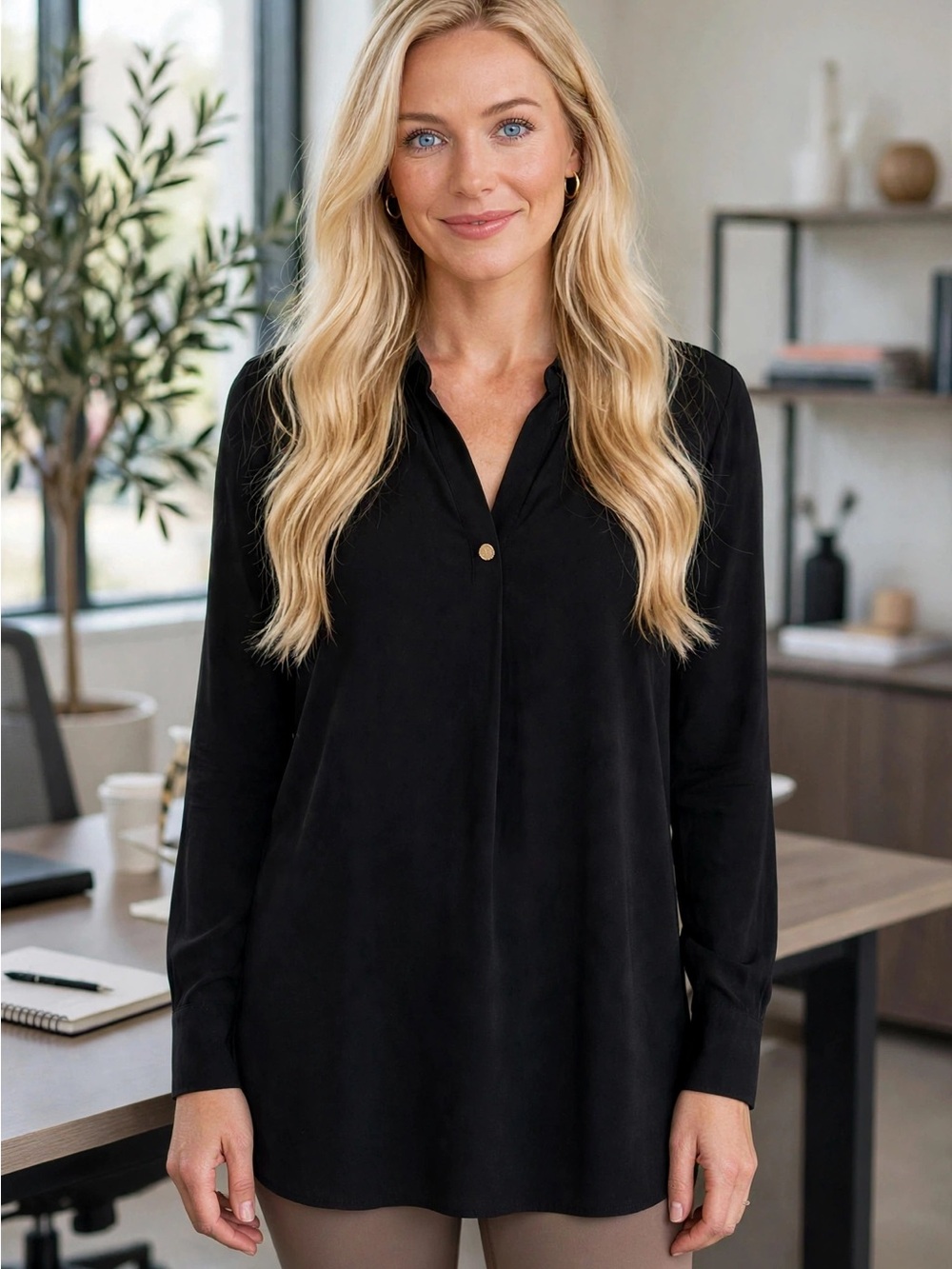 Anne Klein Black Long-Sleeve Polo Tunic